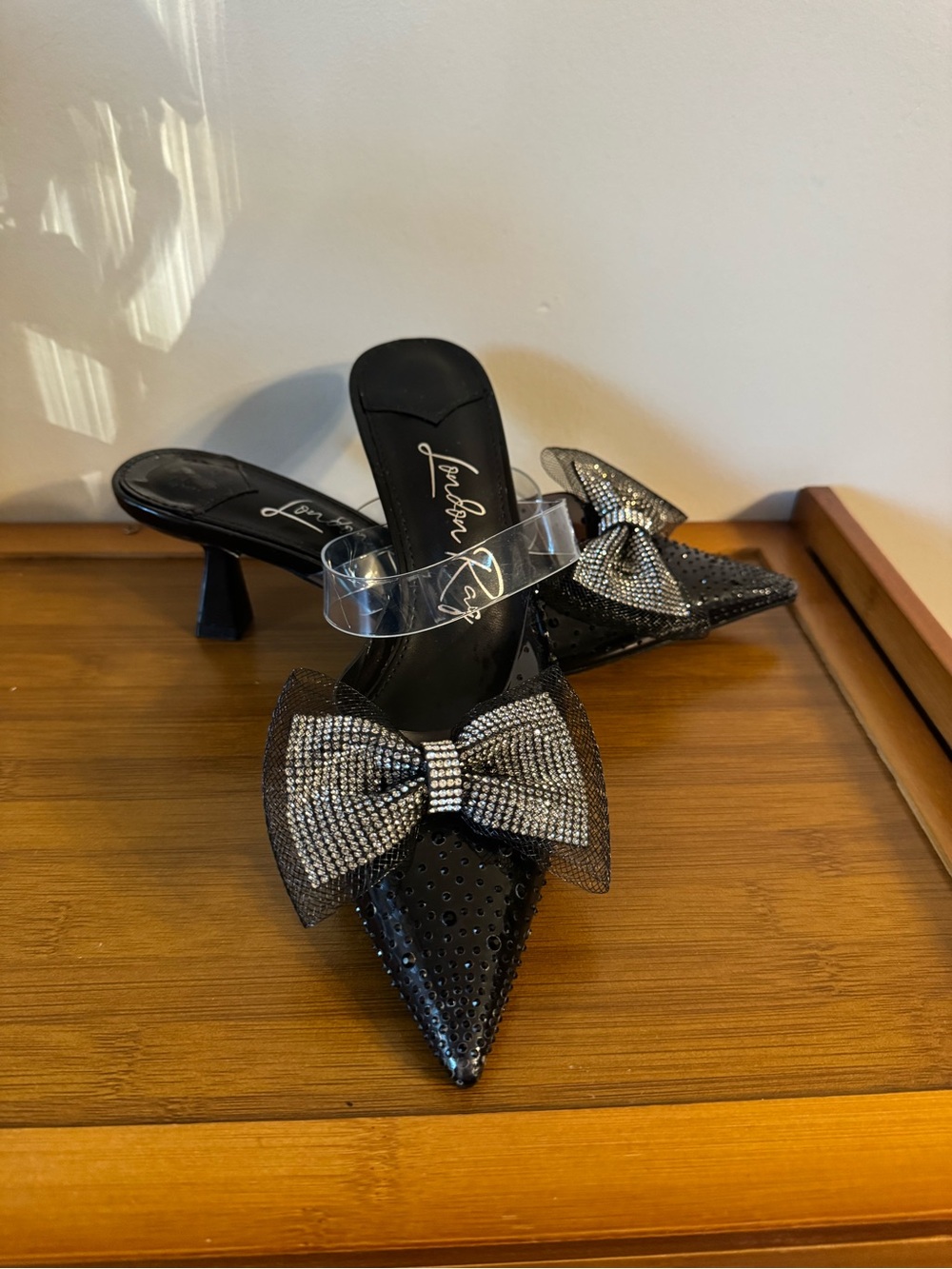 Black Pointed Mule Heels w Embellished Bow kitten heel formal wedding night out